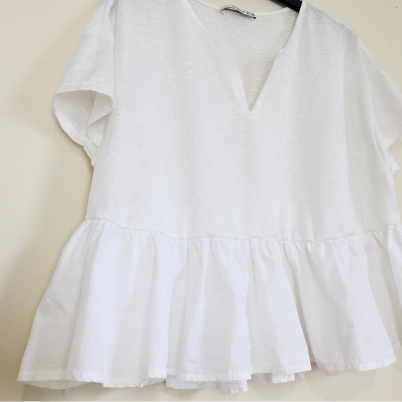 Mango Y2K Boho Oversize White Peplum Ruffle Hem Cropped Short Sleeve Preppy Top - Picture 4 of 16